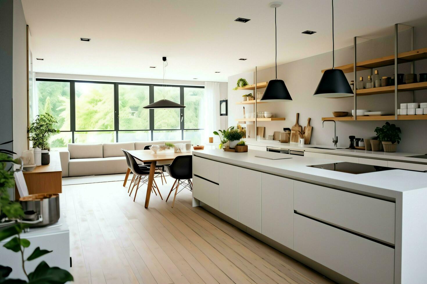 moderne cuisine intérieur conception dans appartement ou maison avec meubles. luxe cuisine Accueil scandinave concept par ai généré photo