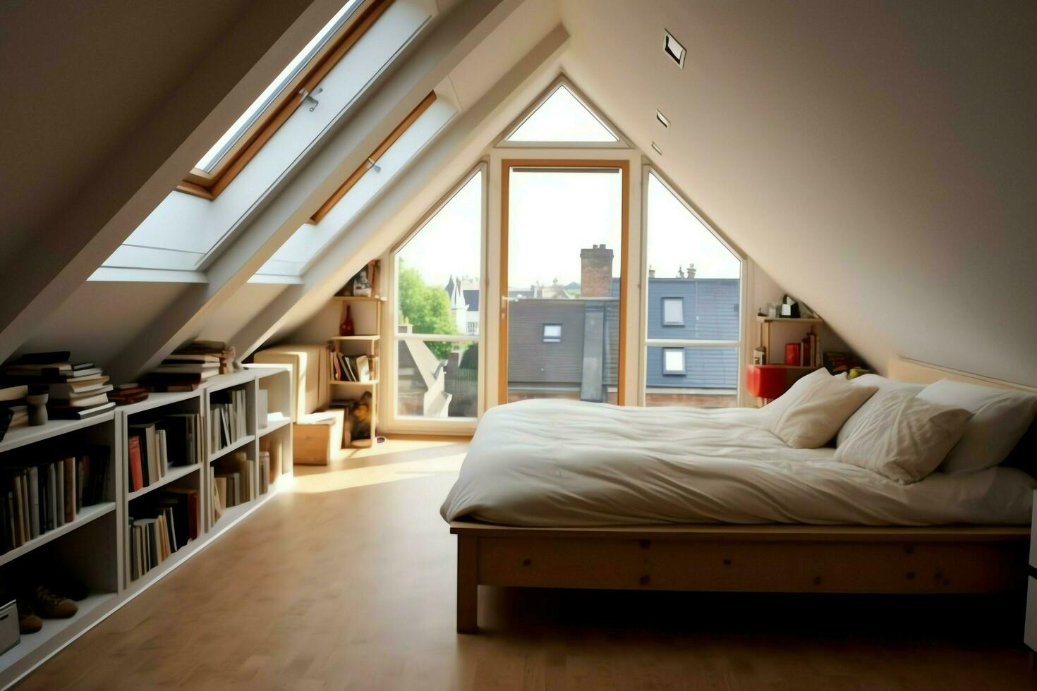 moderne lucarne grenier conversion intérieur conception dans appartement ou maison à Royaume-Uni. luxe Triangle grenier pièce concept par ai généré photo