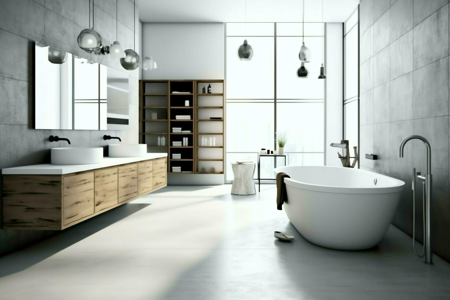 intérieur conception de une agréable moderne salle de bains. 3d le rendu moderne toilette ou salle de bains dans Hôtel ou maison concept par ai généré photo