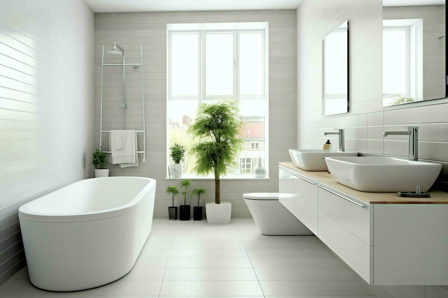 intérieur conception de une agréable moderne salle de bains. 3d le rendu moderne toilette ou salle de bains dans Hôtel ou maison concept par ai généré photo