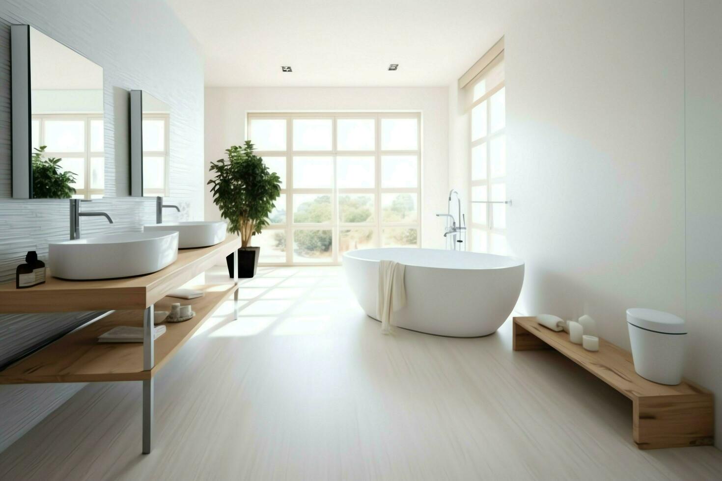 intérieur conception de une agréable moderne salle de bains. 3d le rendu moderne toilette ou salle de bains dans Hôtel ou maison concept par ai généré photo