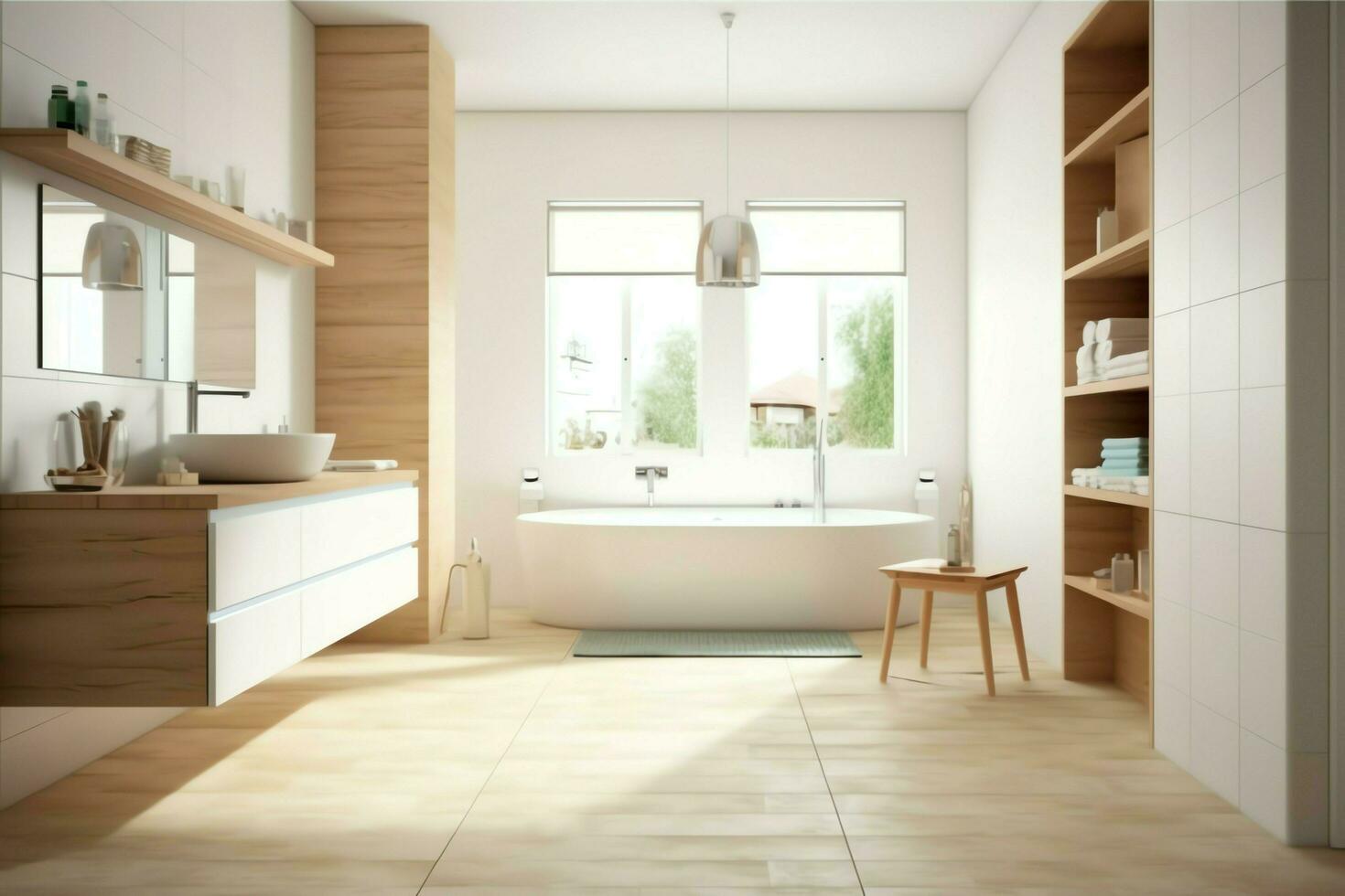 intérieur conception de une agréable moderne salle de bains. 3d le rendu moderne toilette ou salle de bains dans Hôtel ou maison concept par ai généré photo