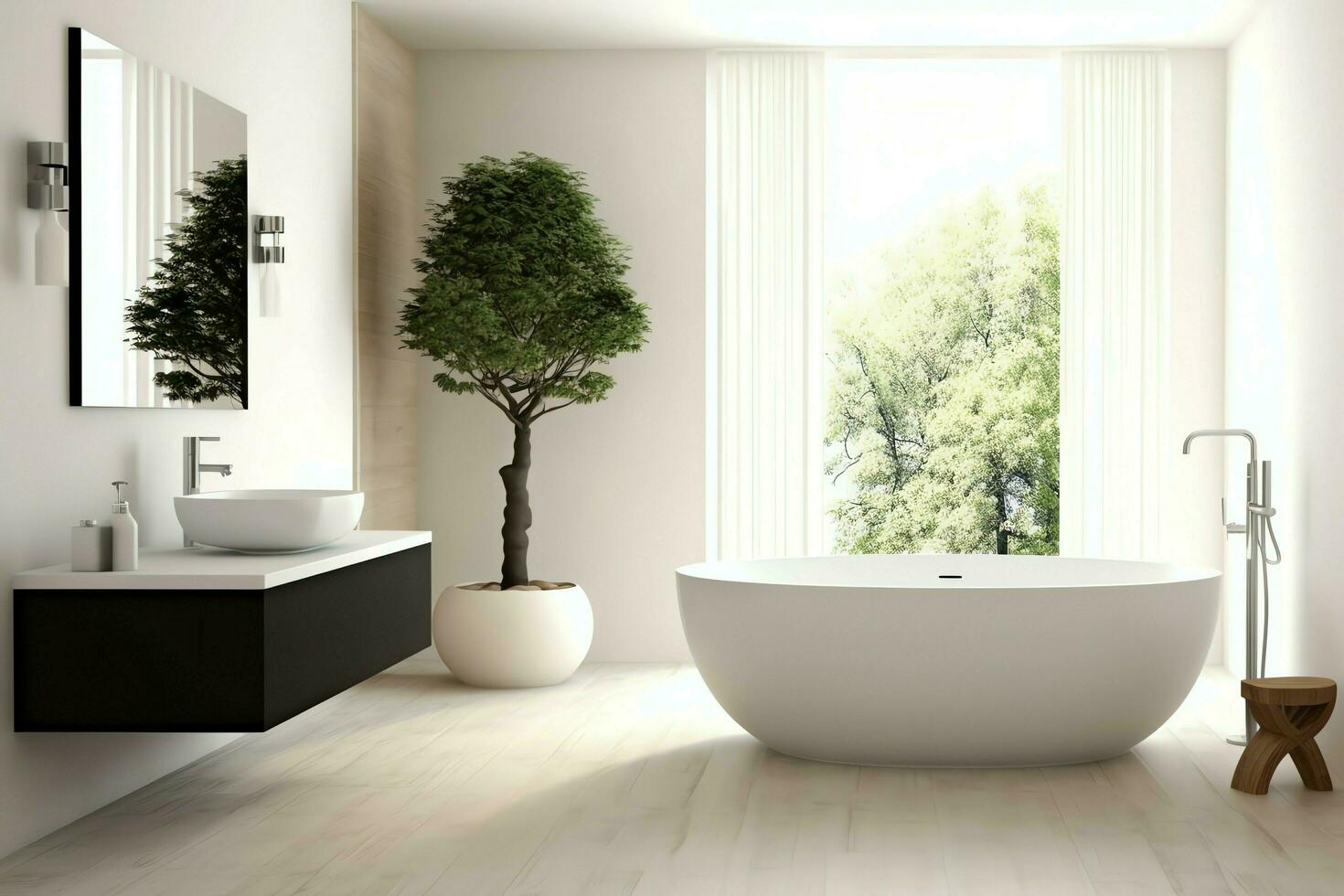 intérieur conception de une agréable moderne salle de bains. 3d le rendu moderne toilette ou salle de bains dans Hôtel ou maison concept par ai généré photo