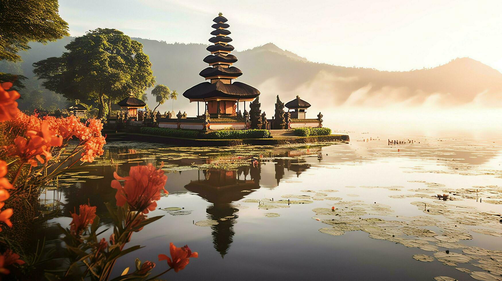 ancien pura ulun danu bratan, besakih ou célèbre hindou temple et touristique dans bali île à lever du soleil concept par ai généré photo