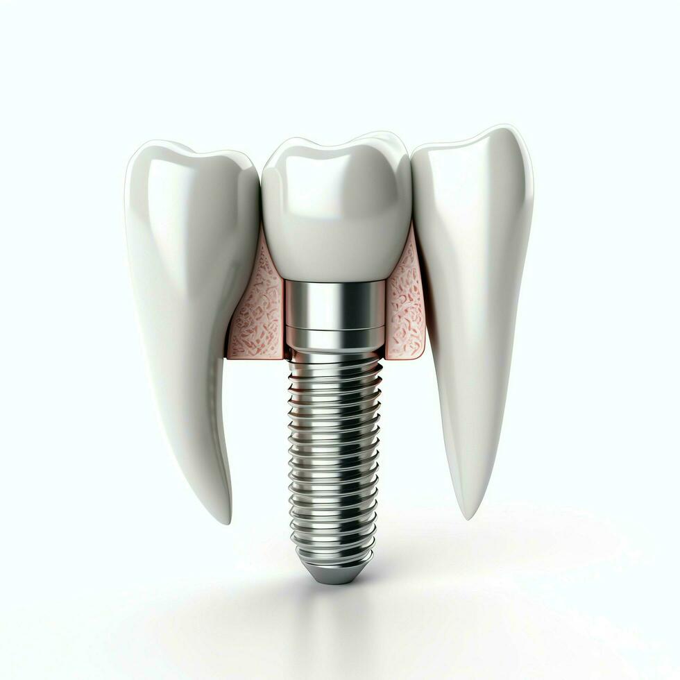 proche en haut de une dentaire dent implant ou en bonne santé Humain dents. blanc émail et dentaire implants chirurgie concept par ai généré photo