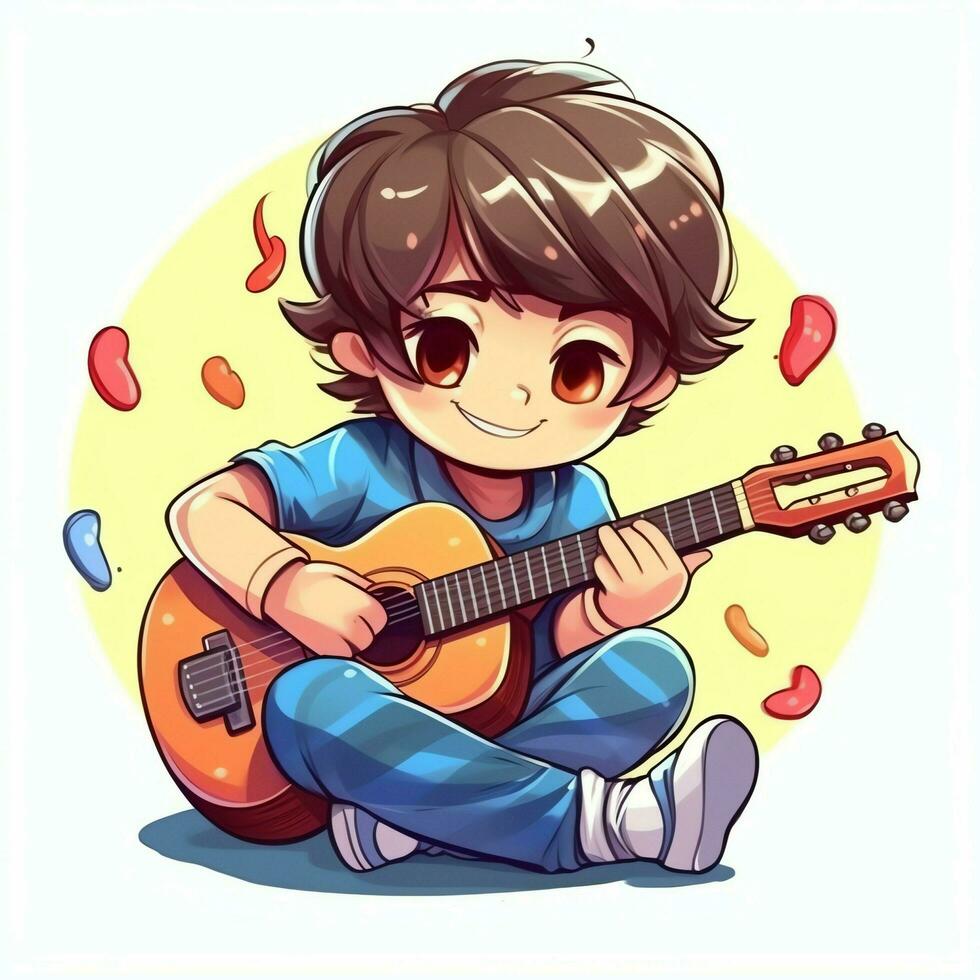 mignonne garçon en jouant guitare et écoute à la musique avec casque dans dessin animé style. jeunesse journée ou la musique journée concept par ai généré photo