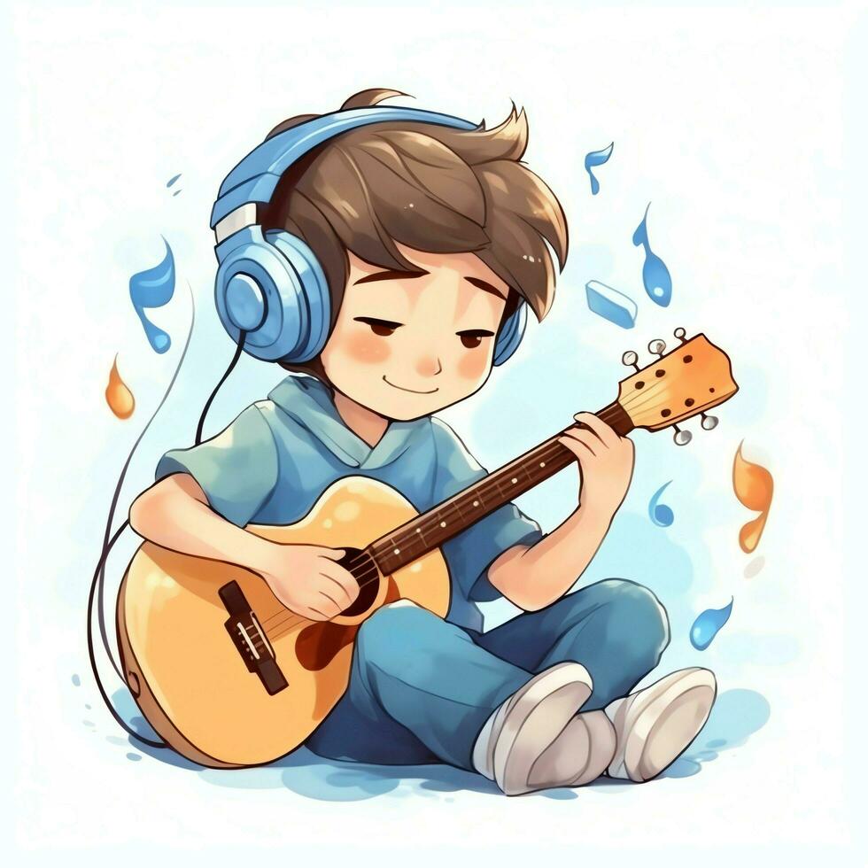 mignonne garçon en jouant guitare et écoute à la musique avec casque dans dessin animé style. jeunesse journée ou la musique journée concept par ai généré photo