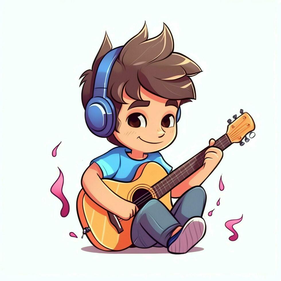 mignonne garçon en jouant guitare et écoute à la musique avec casque dans dessin animé style. jeunesse journée ou la musique journée concept par ai généré photo