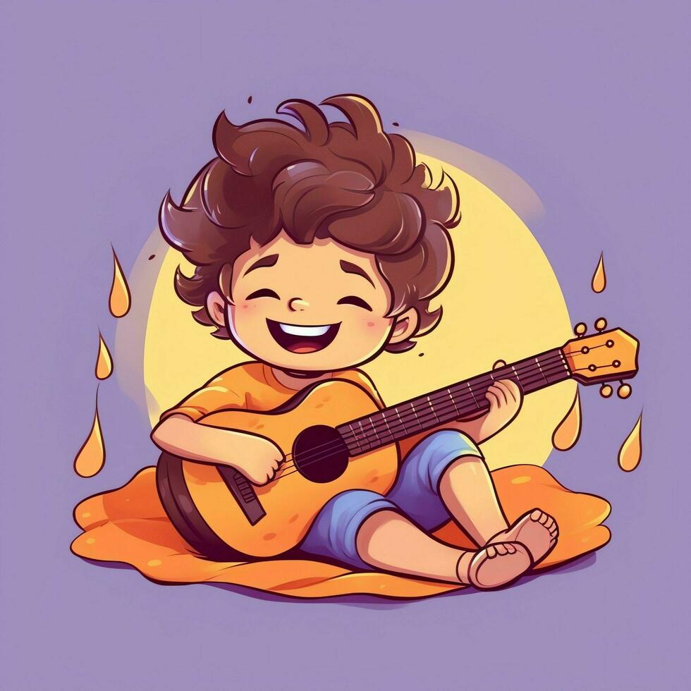 mignonne garçon en jouant guitare et écoute à la musique avec casque dans dessin animé style. jeunesse journée ou la musique journée concept par ai généré photo