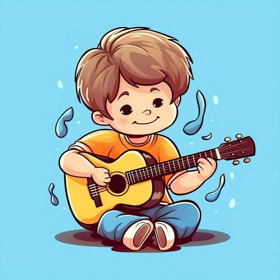 mignonne garçon en jouant guitare et écoute à la musique avec casque dans dessin animé style. jeunesse journée ou la musique journée concept par ai généré photo