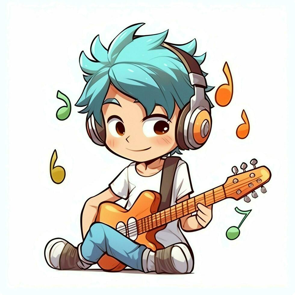 mignonne garçon en jouant guitare et écoute à la musique avec casque dans dessin animé style. jeunesse journée ou la musique journée concept par ai généré photo