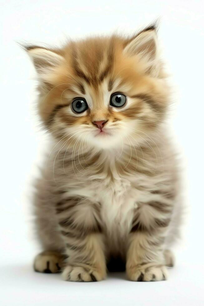 mignonne petit duveteux chaton avec magnifique yeux est séance ou repos. Britanique cheveux courts. chat journée concept par ai généré photo