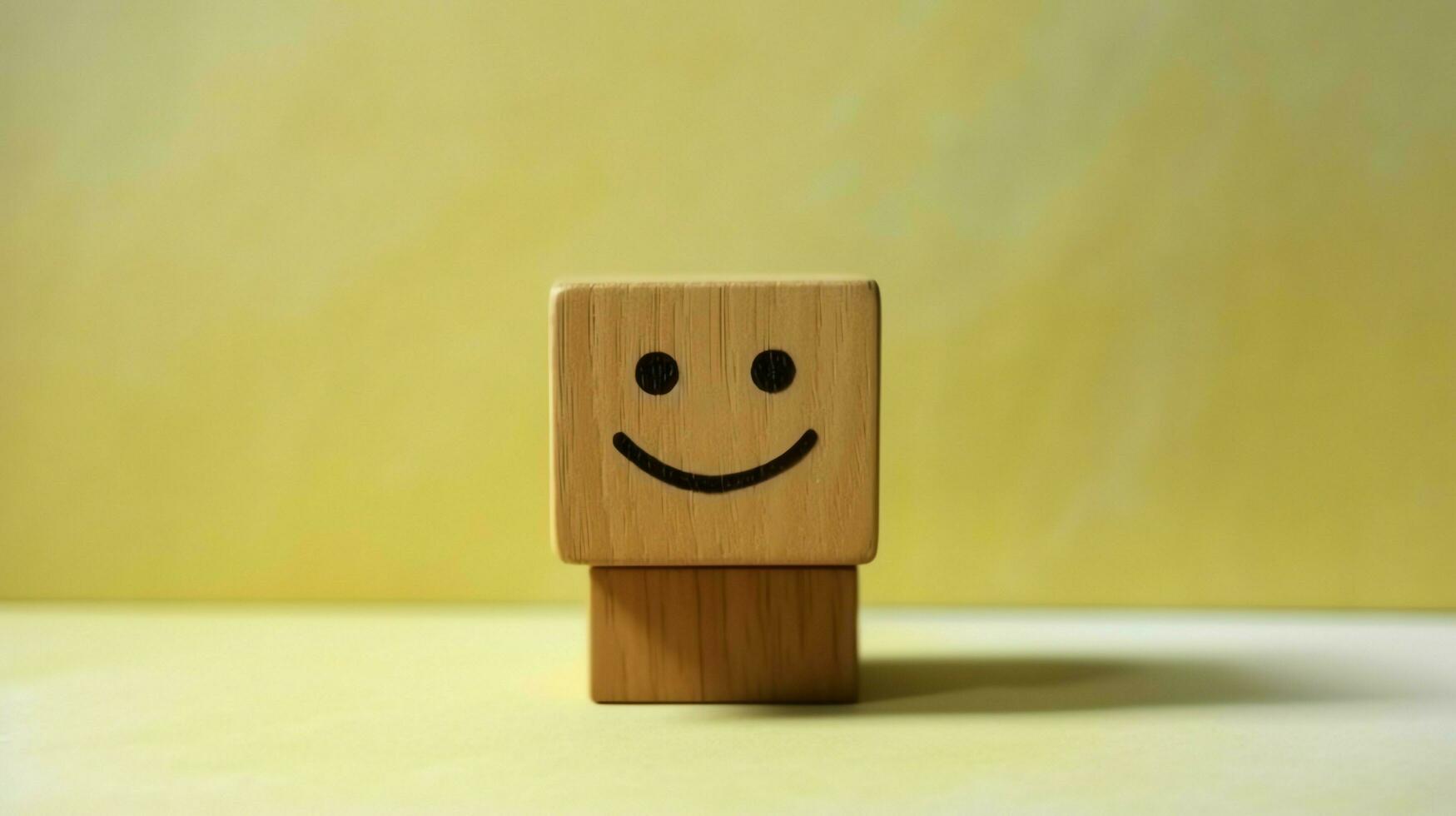 une en bois bloquer étiquette avec content sourire se détendre visage bien retour d'information client. monde mental santé journée concept par ai généré photo