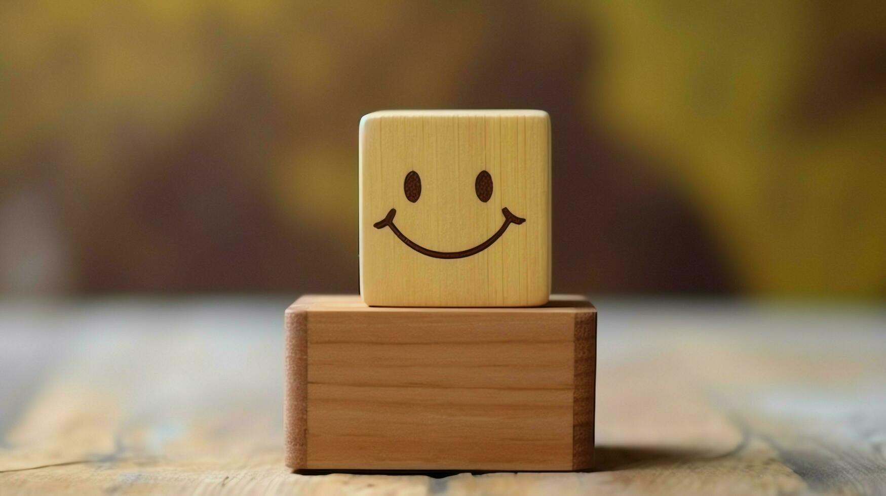 une en bois bloquer étiquette avec content sourire se détendre visage bien retour d'information client. monde mental santé journée concept par ai généré photo