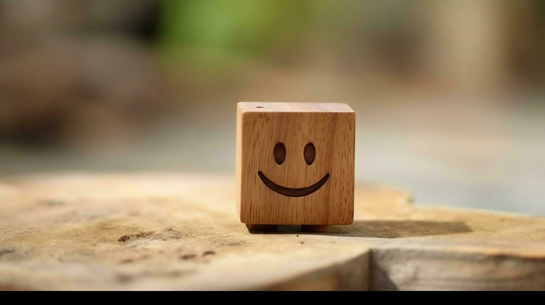 une en bois bloquer étiquette avec content sourire se détendre visage bien retour d'information client. monde mental santé journée concept par ai généré photo