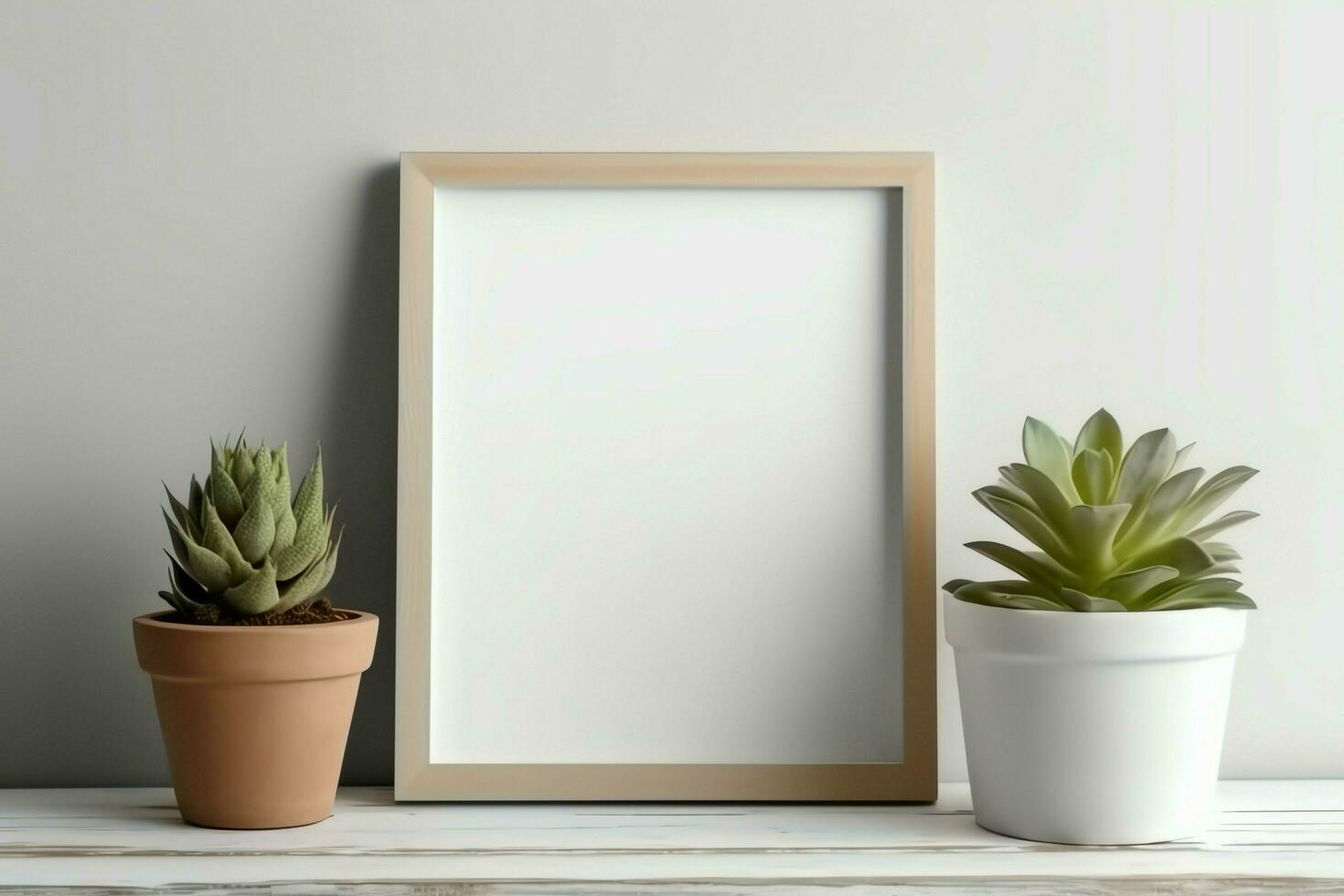 Cadre moquer en haut de Vide image permanent sur une étagère avec succulent plante ou cactus dans scandinave concept par ai généré photo