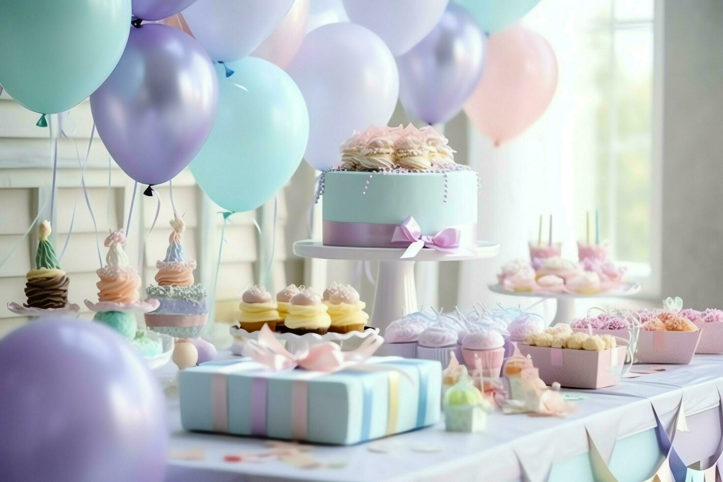 de fête anniversaire fête décorations sur table avec gâteau, présent des boites et des ballons sur pastel Couleur concept par ai généré photo