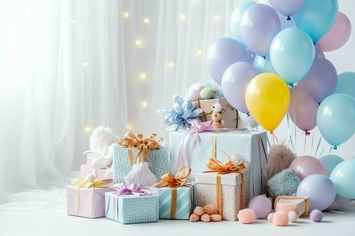 de fête anniversaire fête décorations sur table avec gâteau, présent des boites et des ballons sur pastel Couleur concept par ai généré photo