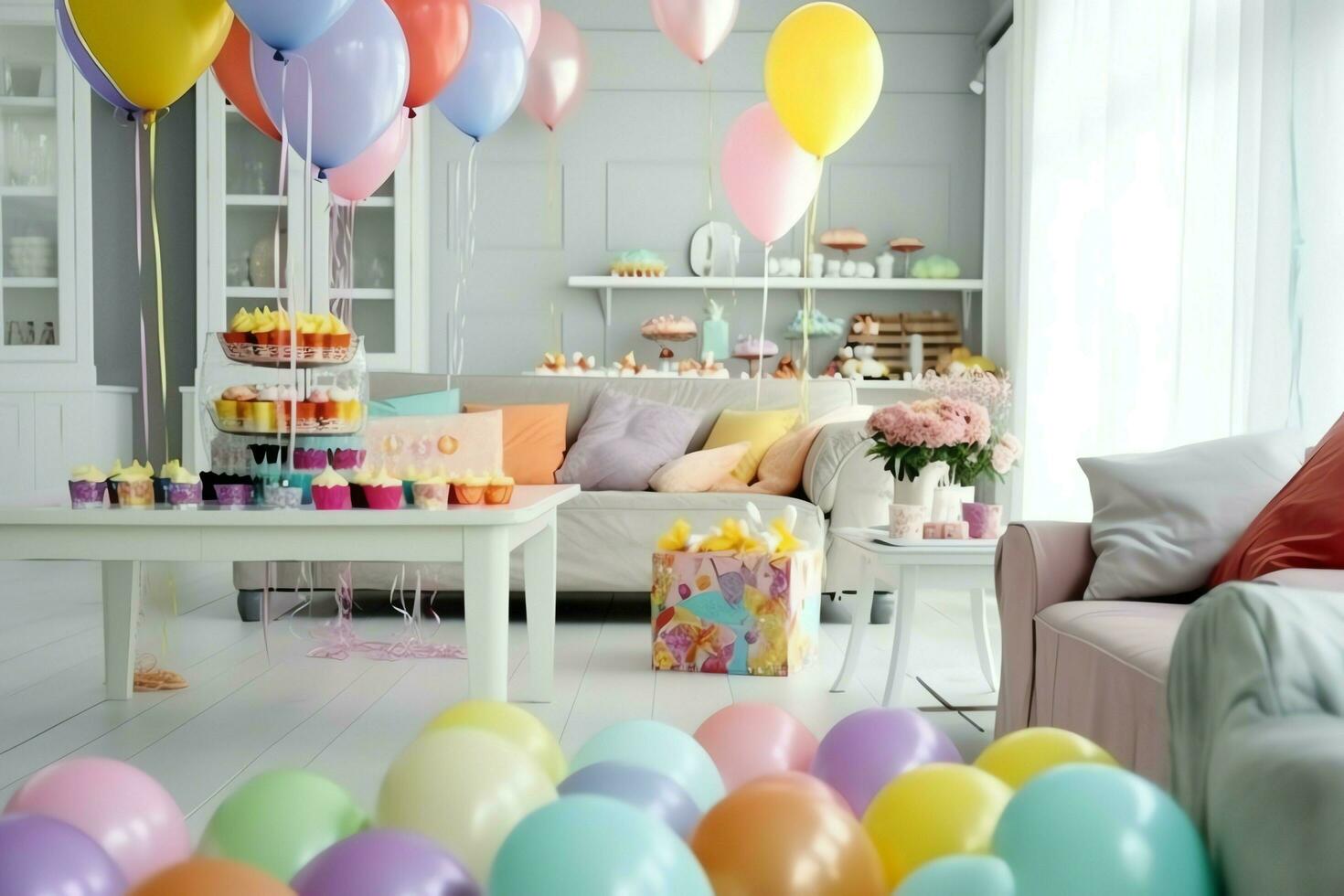 de fête anniversaire fête décorations sur table avec gâteau, présent des boites et des ballons sur pastel Couleur concept par ai généré photo