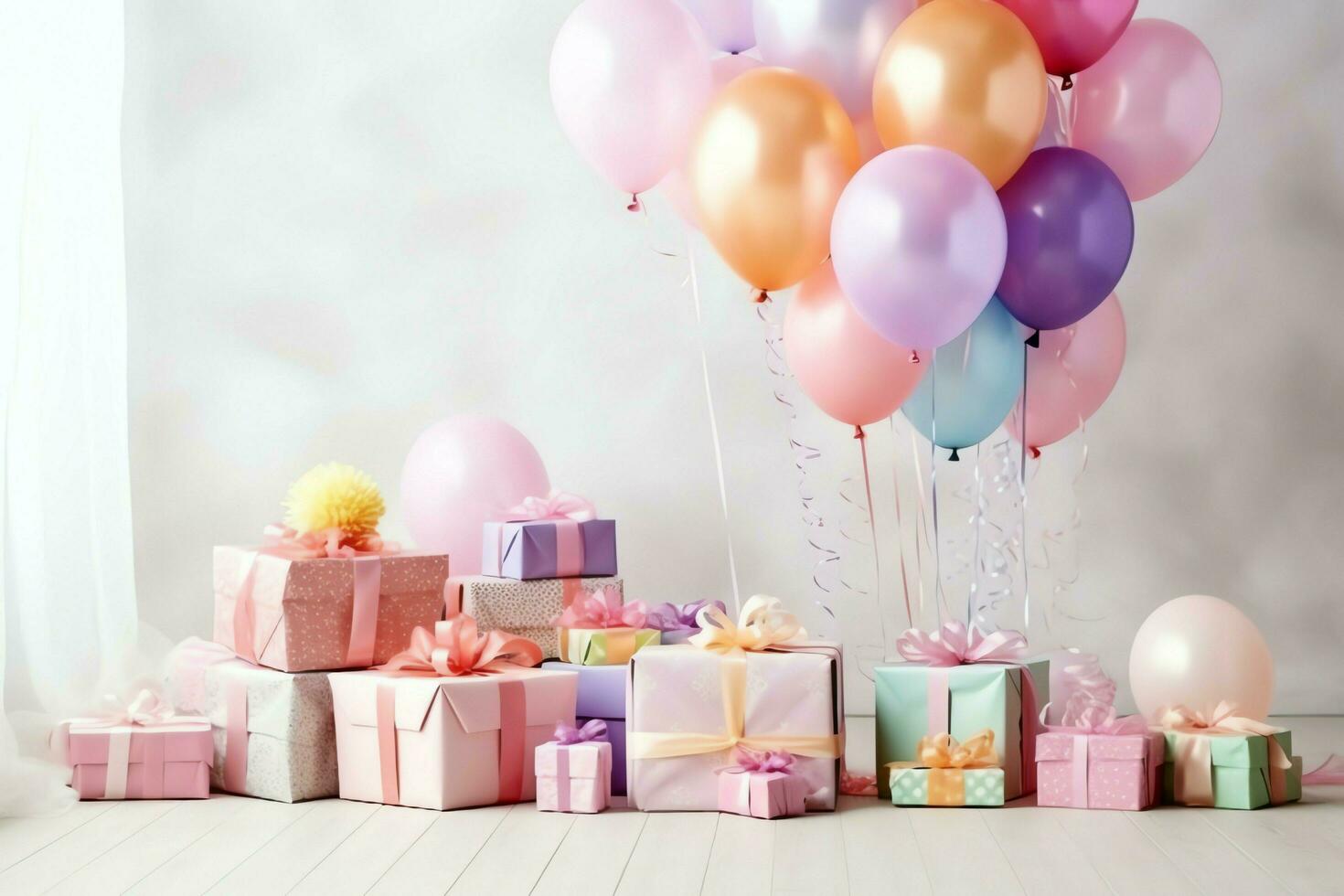 de fête anniversaire fête décorations sur table avec gâteau, présent des boites et des ballons sur pastel Couleur concept par ai généré photo