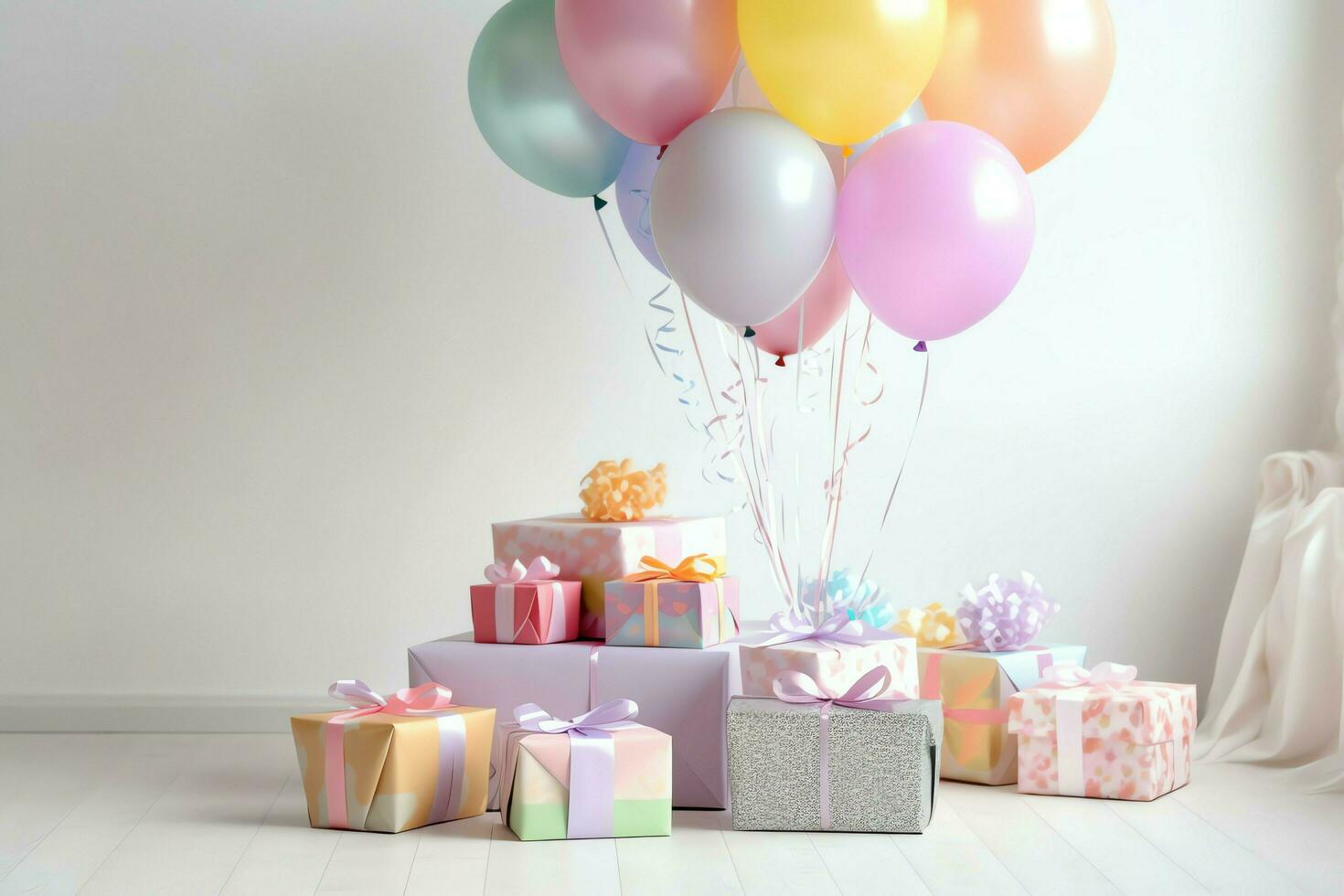 de fête anniversaire fête décorations sur table avec gâteau, présent des boites et des ballons sur pastel Couleur concept par ai généré photo