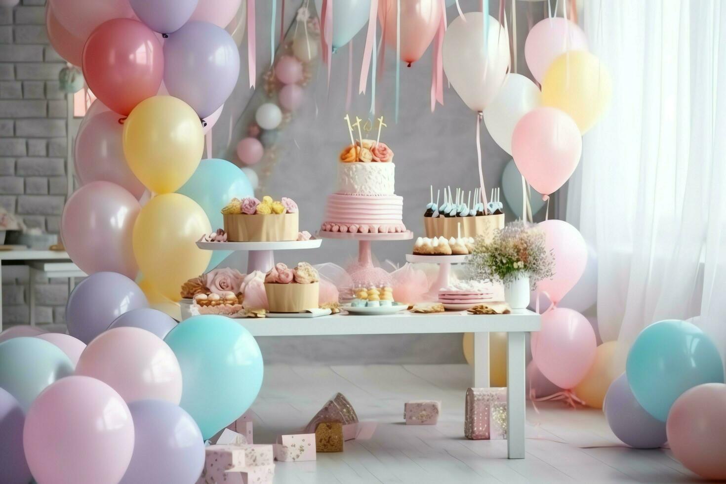 de fête anniversaire fête décorations sur table avec gâteau, présent des boites et des ballons sur pastel Couleur concept par ai généré photo