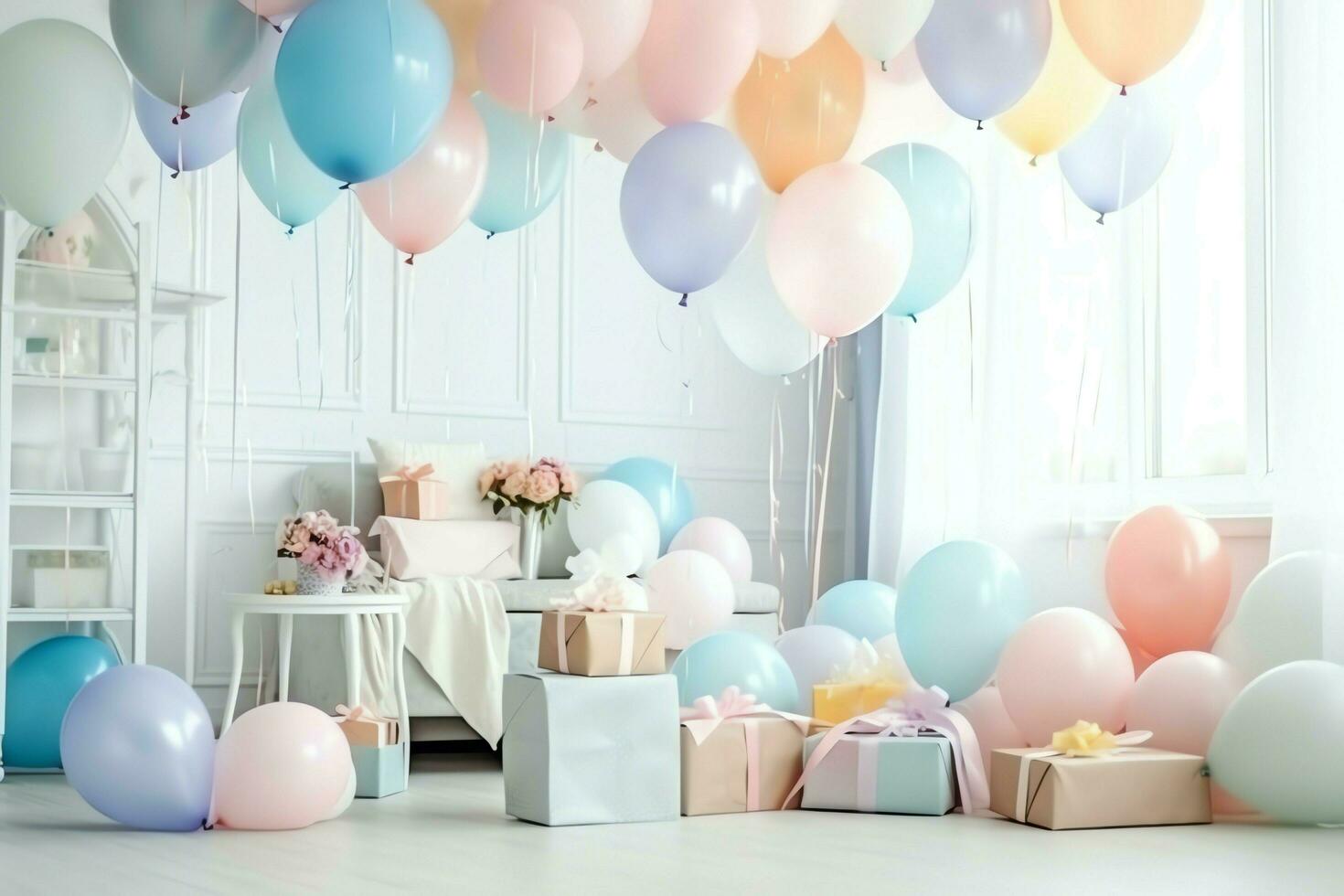 de fête anniversaire fête décorations sur table avec gâteau, présent des boites et des ballons sur pastel Couleur concept par ai généré photo