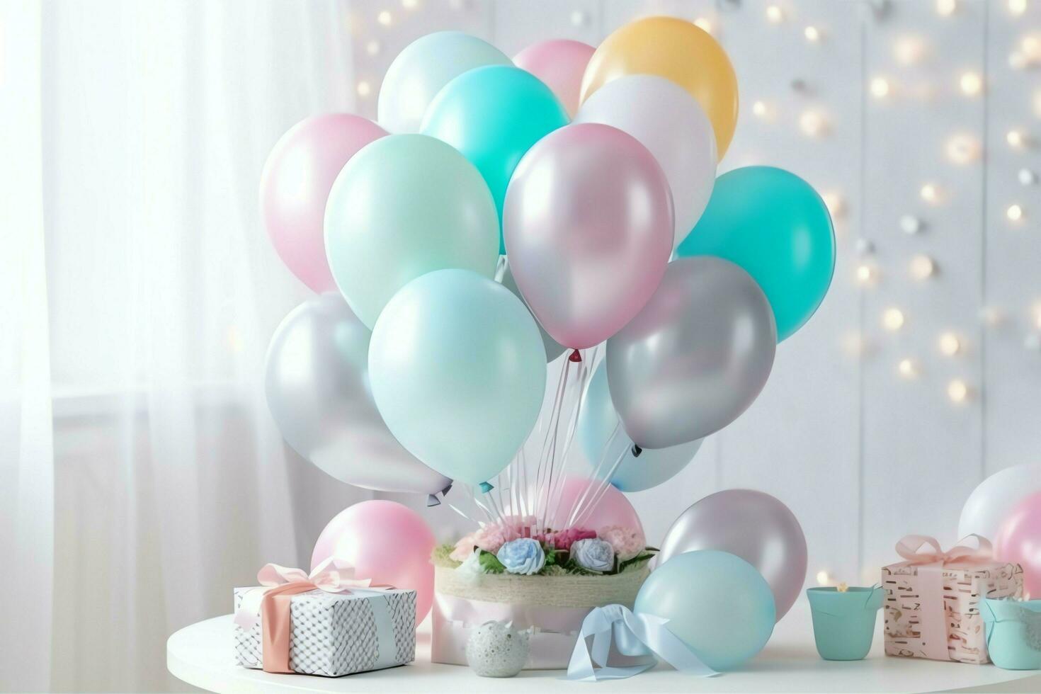 de fête anniversaire fête décorations sur table avec gâteau, présent des boites et des ballons sur pastel Couleur concept par ai généré photo