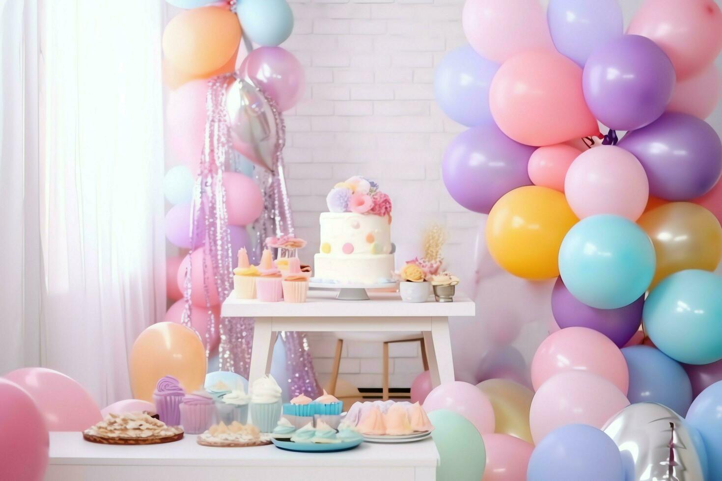 de fête anniversaire fête décorations sur table avec gâteau, présent des boites et des ballons sur pastel Couleur concept par ai généré photo
