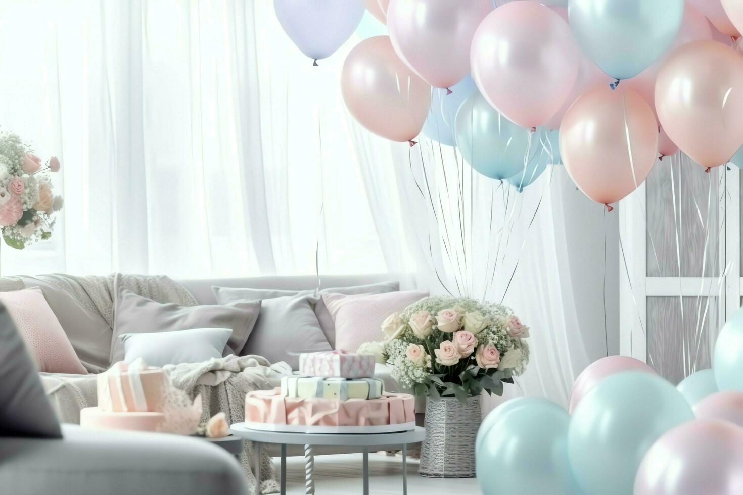 de fête anniversaire fête décorations sur table avec gâteau, présent des boites et des ballons sur pastel Couleur concept par ai généré photo