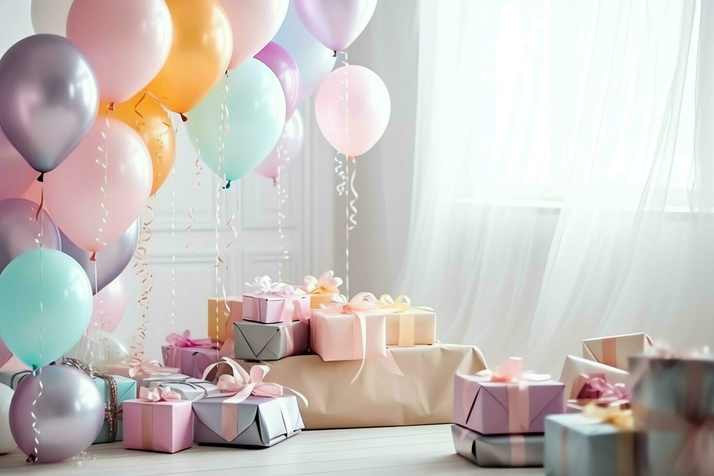 de fête anniversaire fête décorations sur table avec gâteau, présent des boites et des ballons sur pastel Couleur concept par ai généré photo