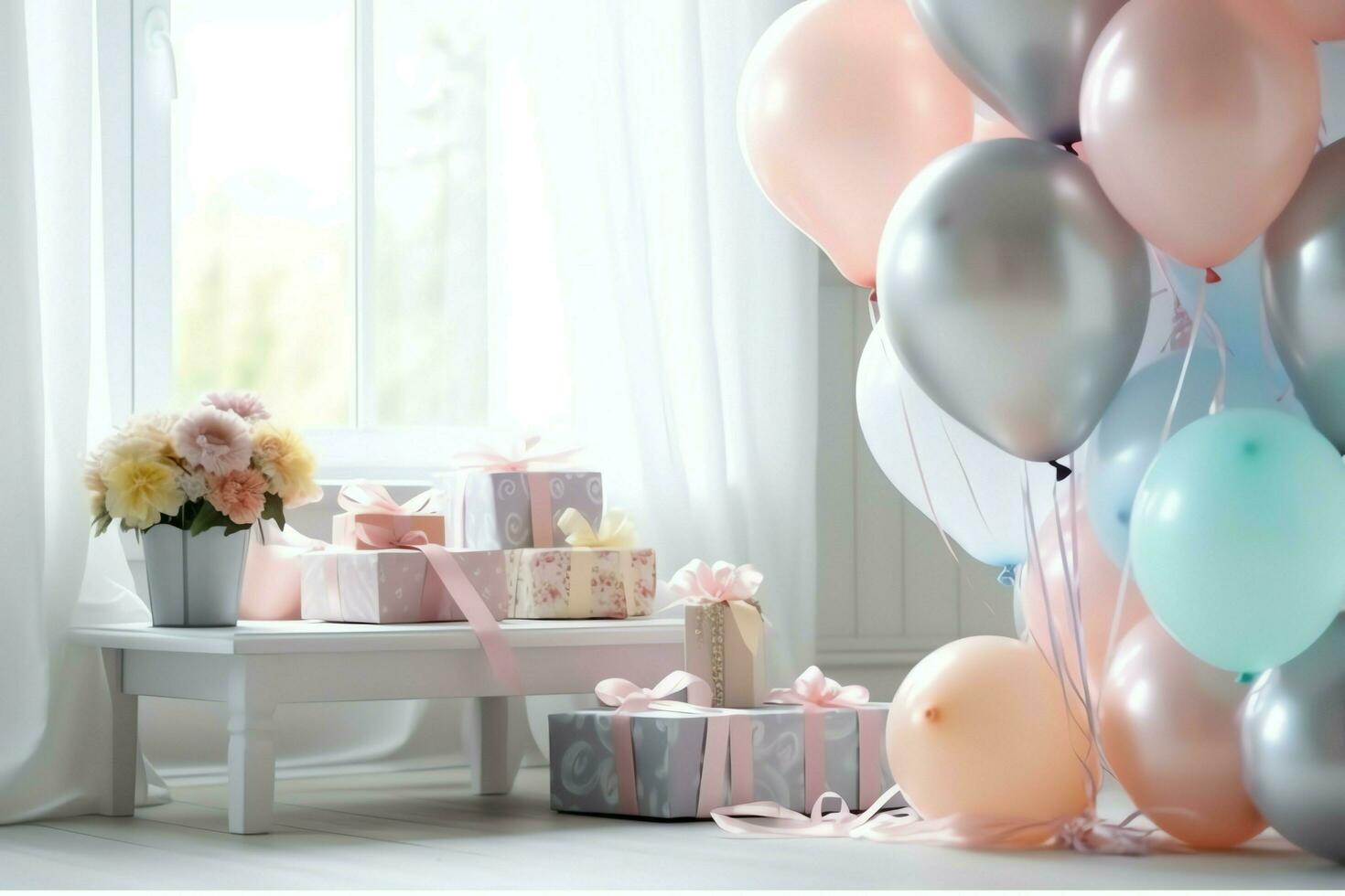 de fête anniversaire fête décorations sur table avec gâteau, présent des boites et des ballons sur pastel Couleur concept par ai généré photo