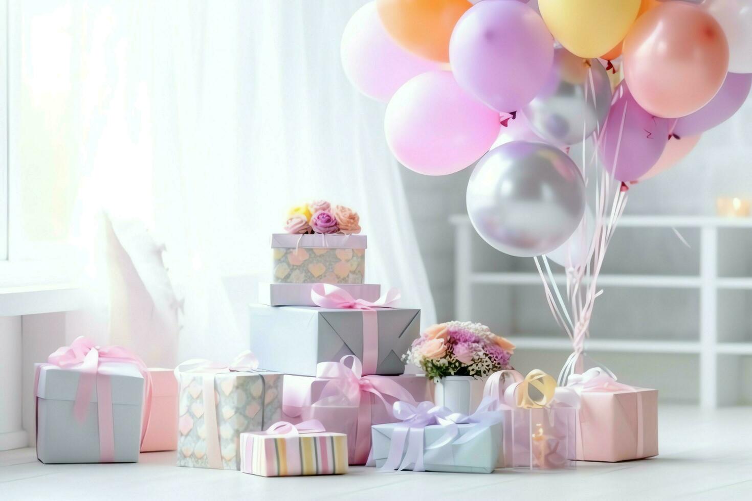 de fête anniversaire fête décorations sur table avec gâteau, présent des boites et des ballons sur pastel Couleur concept par ai généré photo