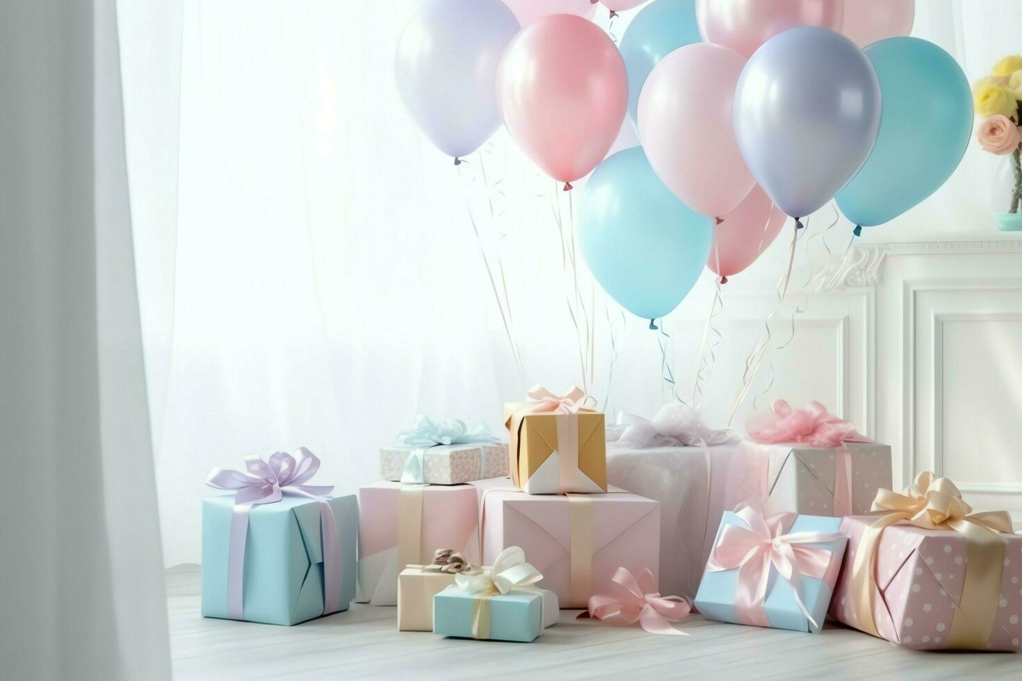 de fête anniversaire fête décorations sur table avec gâteau, présent des boites et des ballons sur pastel Couleur concept par ai généré photo