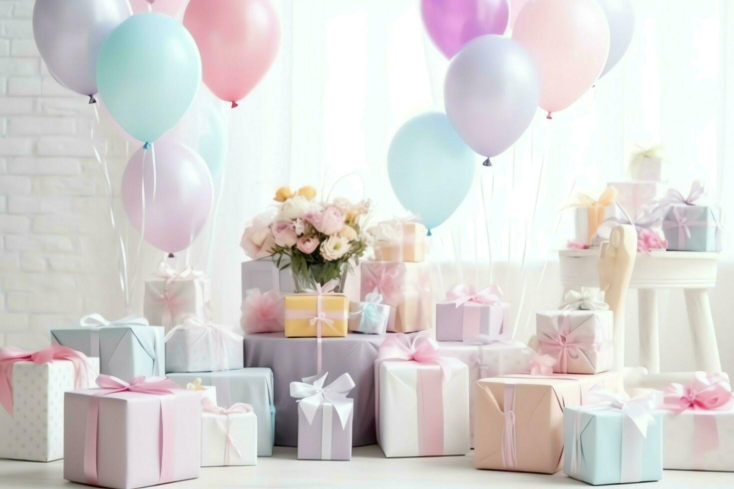 de fête anniversaire fête décorations sur table avec gâteau, présent des boites et des ballons sur pastel Couleur concept par ai généré photo