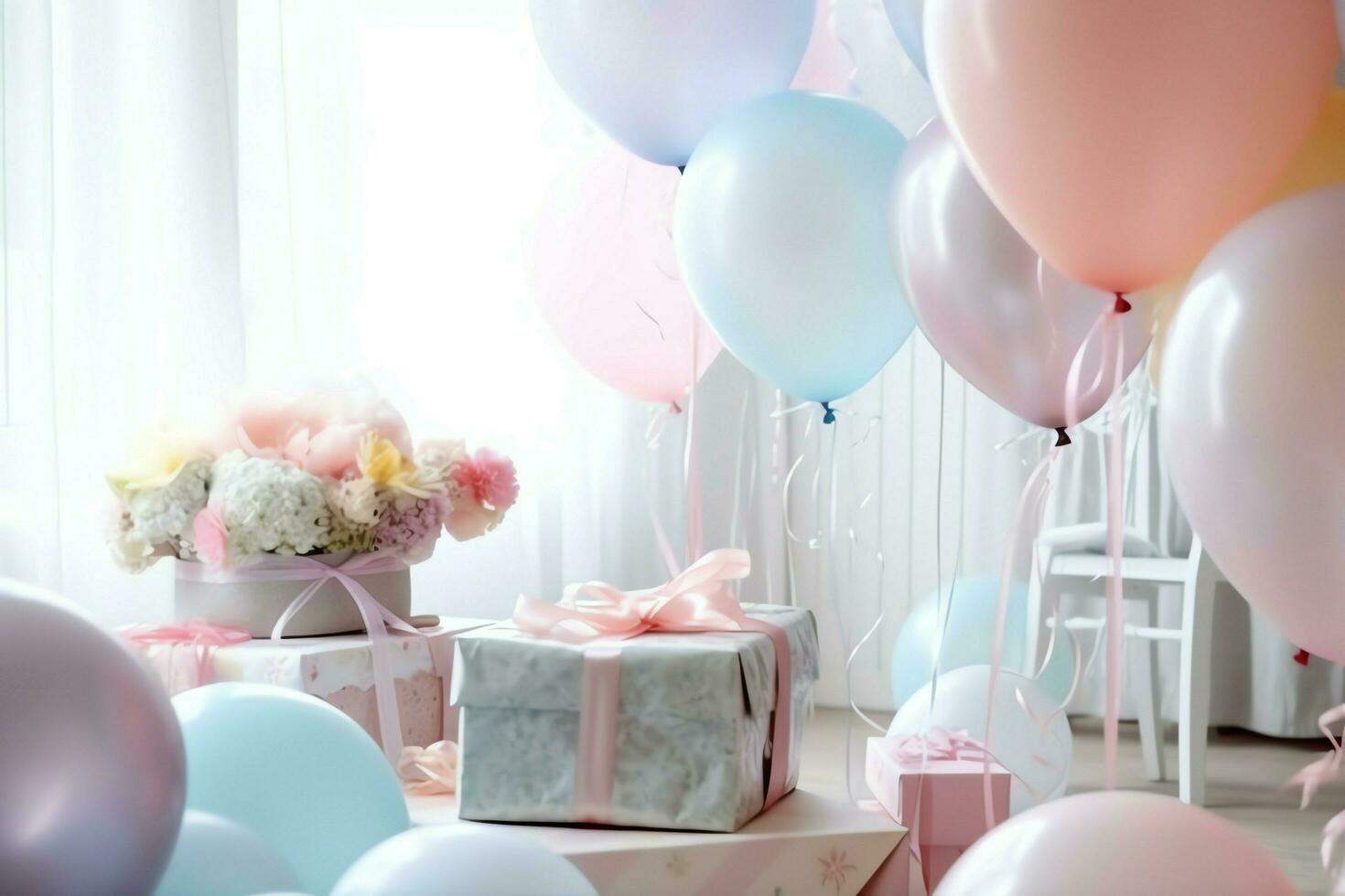 de fête anniversaire fête décorations sur table avec gâteau, présent des boites et des ballons sur pastel Couleur concept par ai généré photo