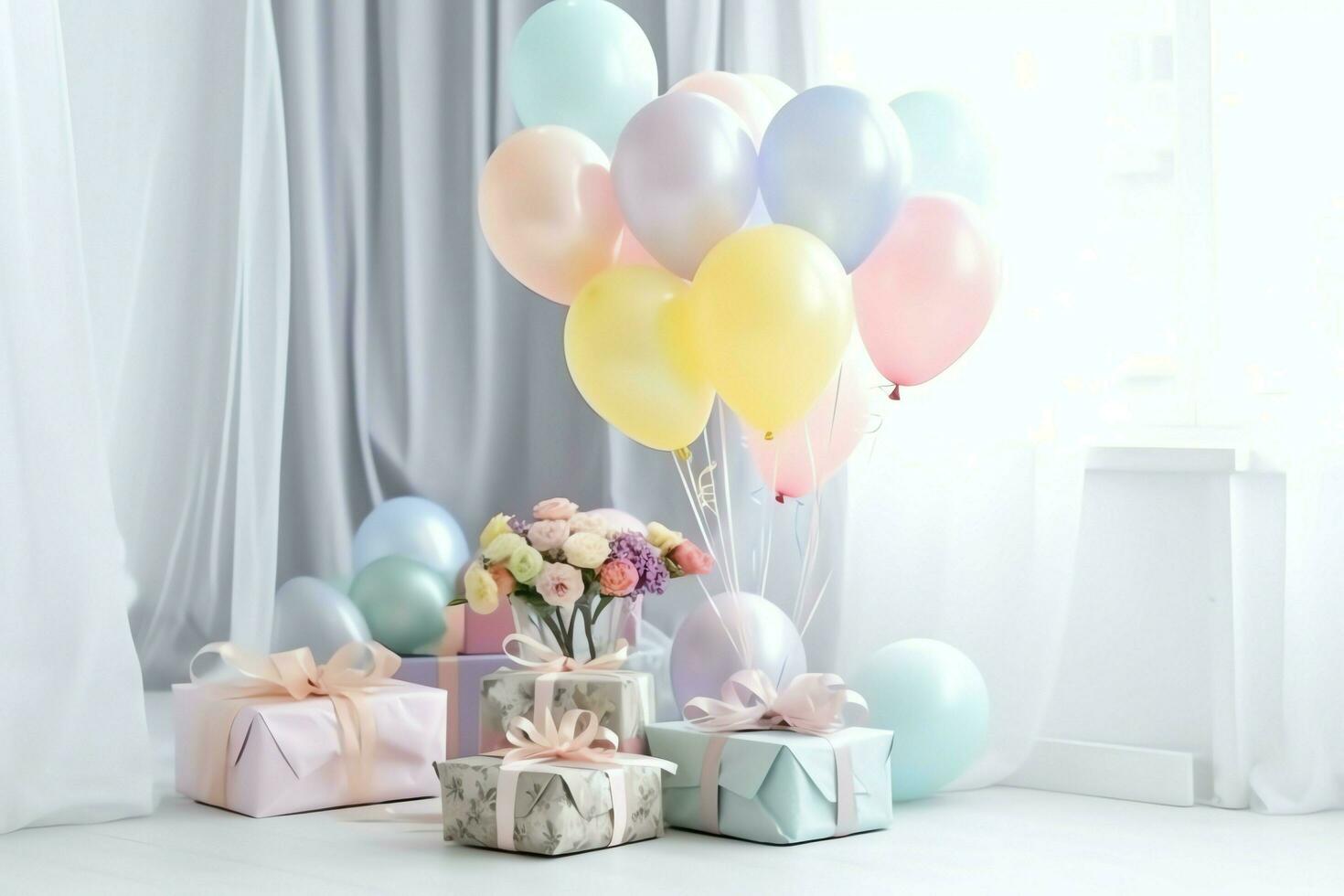 de fête anniversaire fête décorations sur table avec gâteau, présent des boites et des ballons sur pastel Couleur concept par ai généré photo