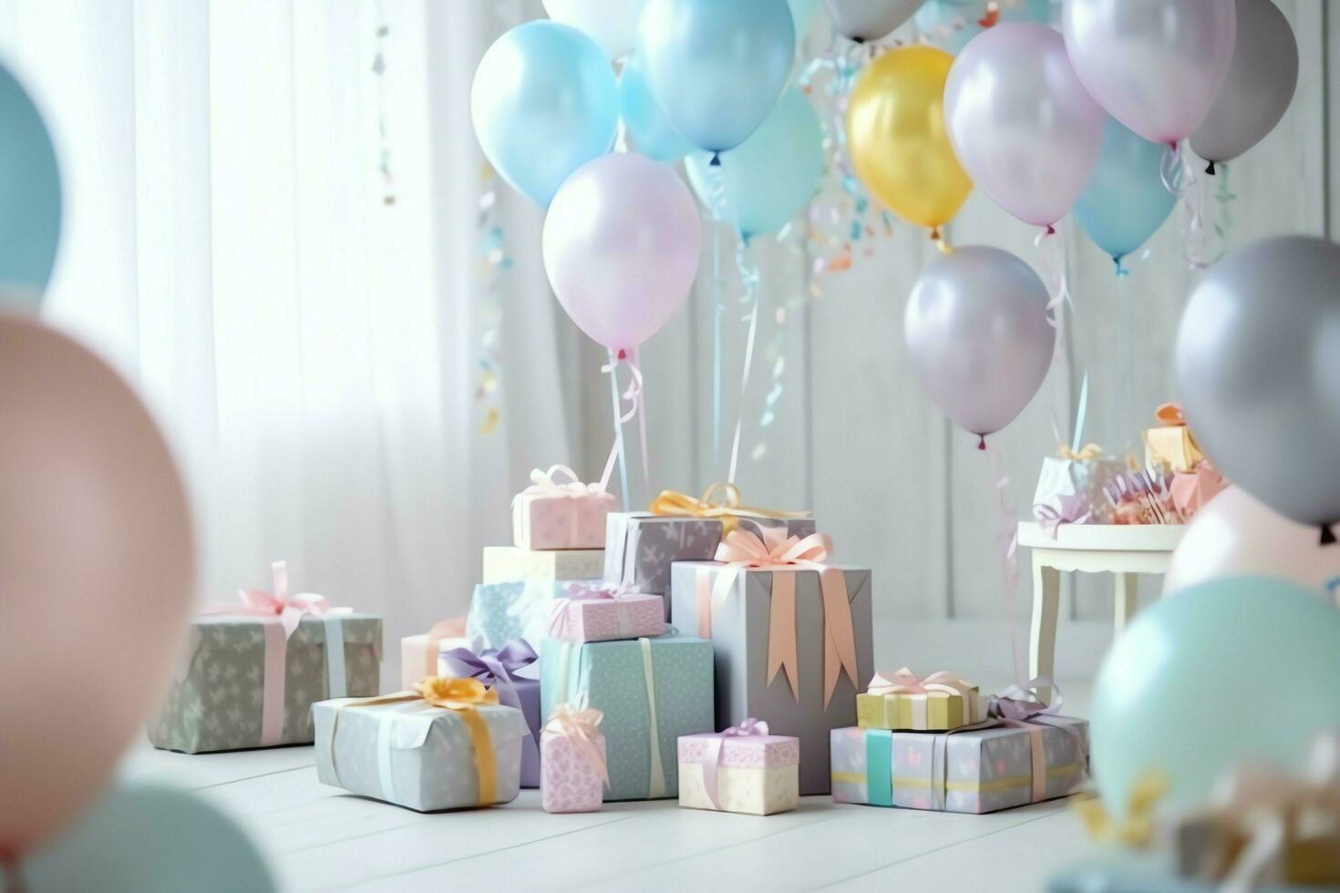 de fête anniversaire fête décorations sur table avec gâteau, présent des boites et des ballons sur pastel Couleur concept par ai généré photo