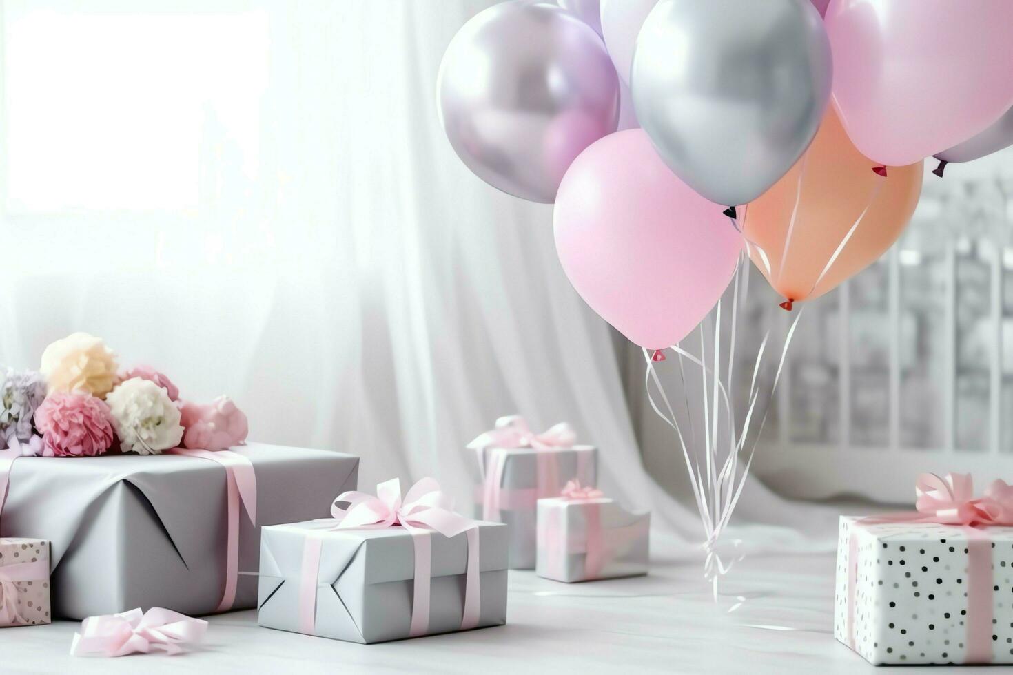 de fête anniversaire fête décorations sur table avec gâteau, présent des boites et des ballons sur pastel Couleur concept par ai généré photo