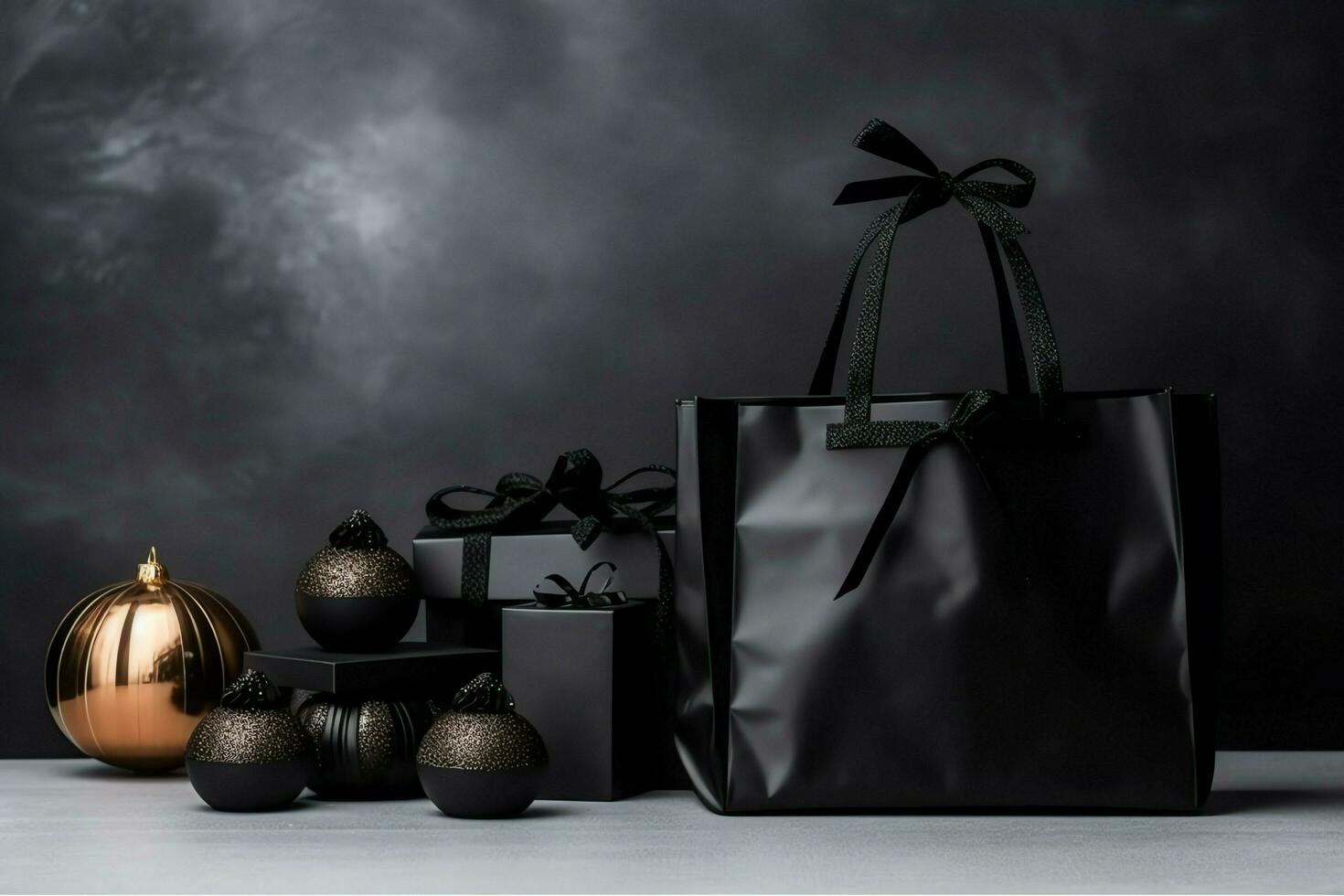 composition de noir Vendredi achats Chariot avec cadeau des boites ou Sacs sur foncé Contexte et copie espace concept par ai généré photo