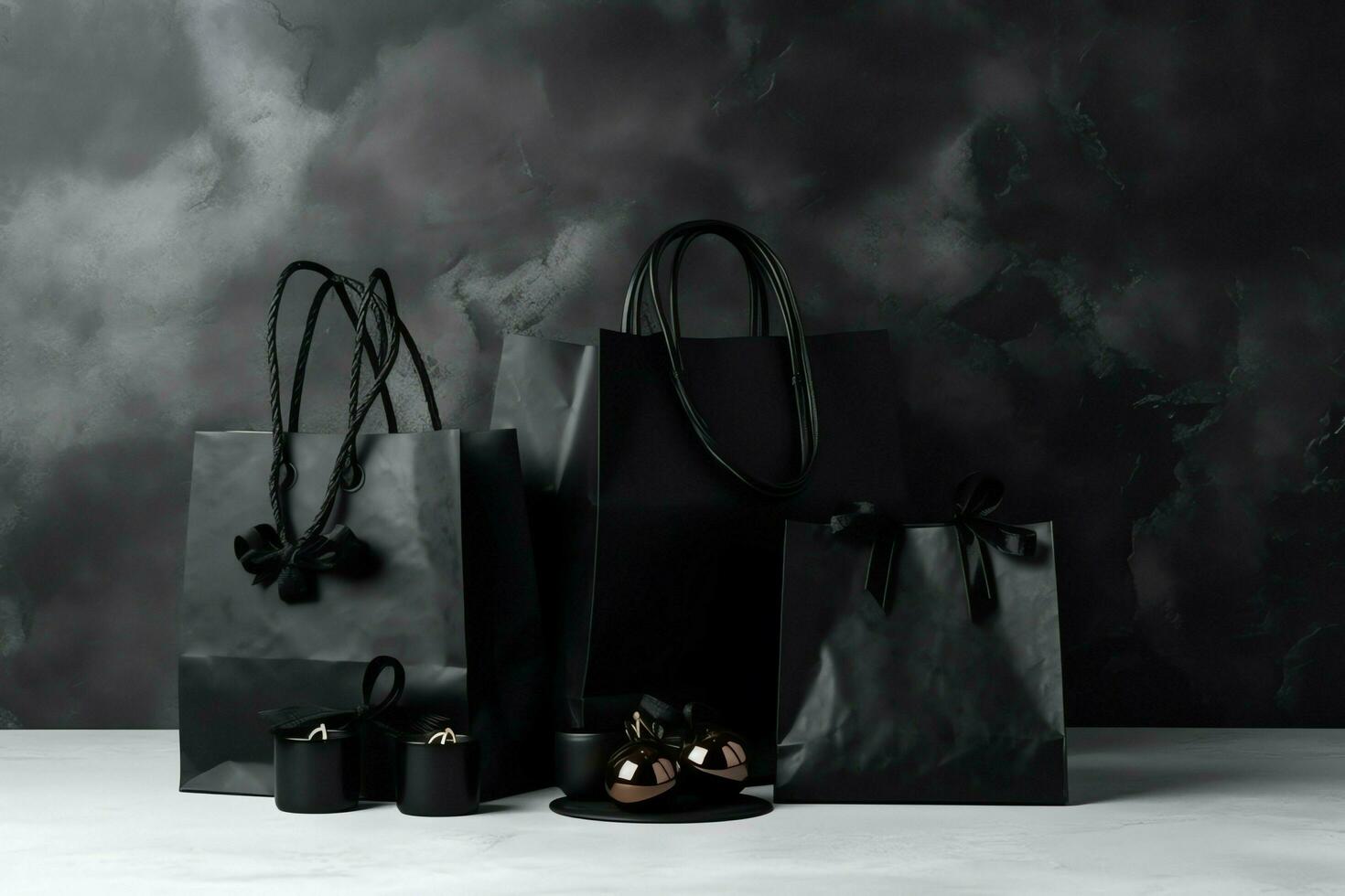 composition de noir Vendredi achats Chariot avec cadeau des boites ou Sacs sur foncé Contexte et copie espace concept par ai généré photo