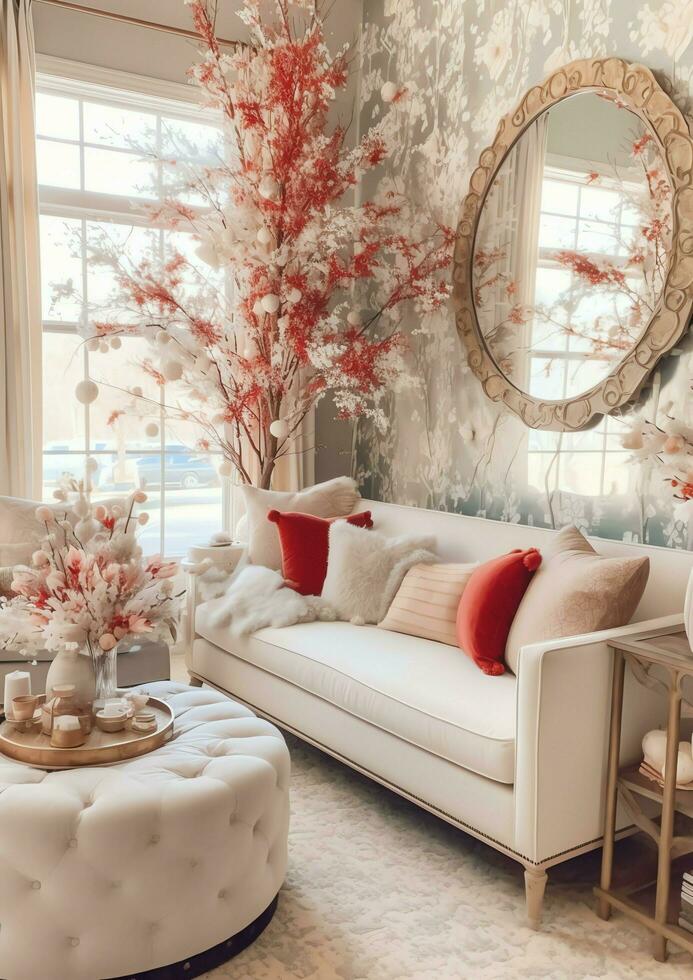 confortable vivant pièce avec magnifique Noël arbre et rouge cadeaux dans moderne intérieur. intérieur de vivant pièce décoré pour joyeux Noël avec chaussettes, cadeau des boites et Noël accessoires par ai généré photo