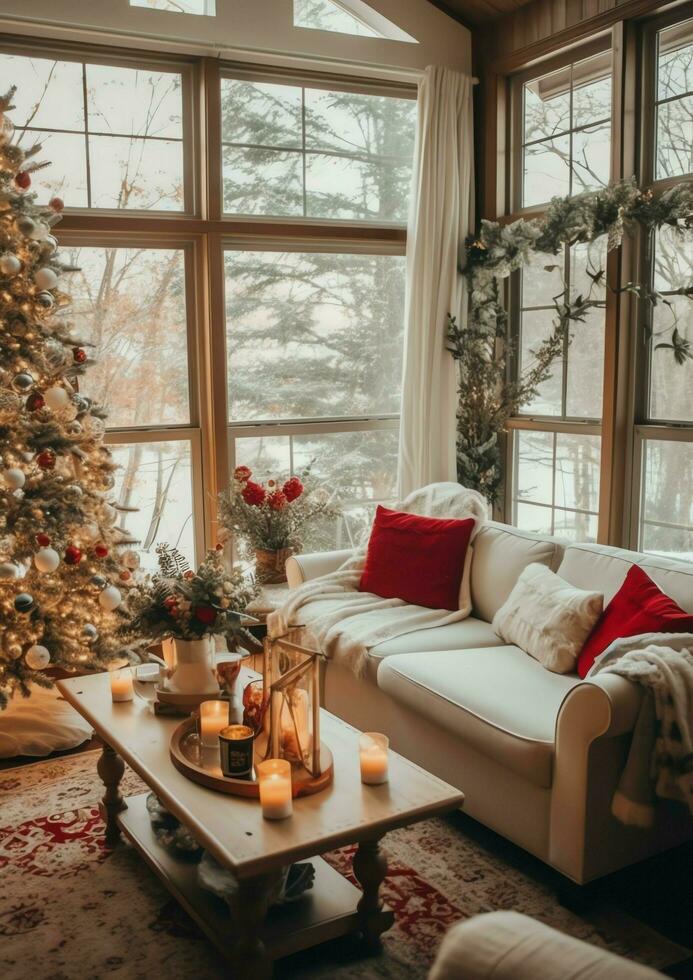 confortable vivant pièce avec magnifique Noël arbre et rouge cadeaux dans moderne intérieur. intérieur de vivant pièce décoré pour joyeux Noël avec chaussettes, cadeau des boites et Noël accessoires par ai généré photo