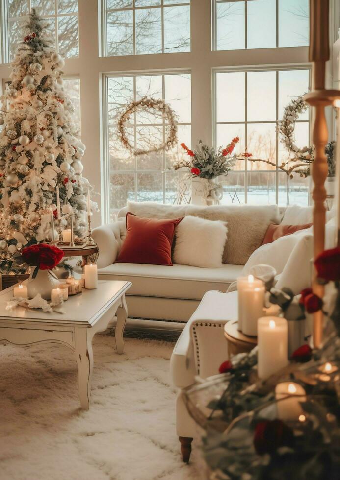 confortable vivant pièce avec magnifique Noël arbre et rouge cadeaux dans moderne intérieur. intérieur de vivant pièce décoré pour joyeux Noël avec chaussettes, cadeau des boites et Noël accessoires par ai généré photo