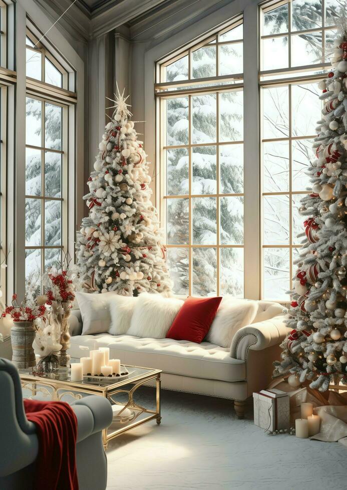 confortable vivant pièce avec magnifique Noël arbre et rouge cadeaux dans moderne intérieur. intérieur de vivant pièce décoré pour joyeux Noël avec chaussettes, cadeau des boites et Noël accessoires par ai généré photo