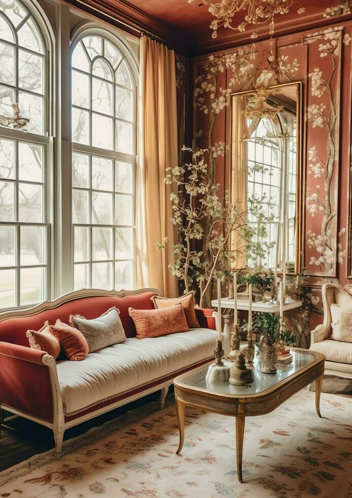 confortable vivant pièce avec magnifique Noël arbre et rouge cadeaux dans moderne intérieur. intérieur de vivant pièce décoré pour joyeux Noël avec chaussettes, cadeau des boites et Noël accessoires par ai généré photo