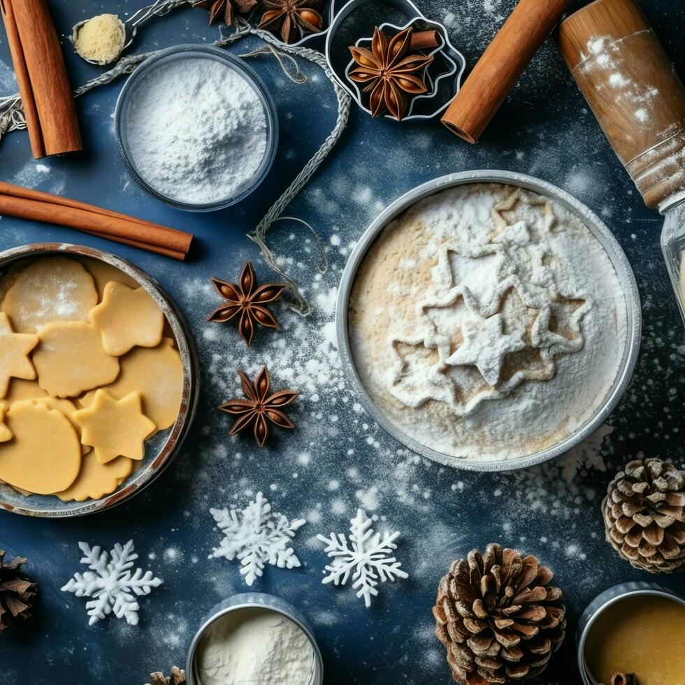 plat allonger de cuisine fait maison Noël cuisson Ingrédients ou pain d'épice biscuits mis sur table concept par ai généré photo