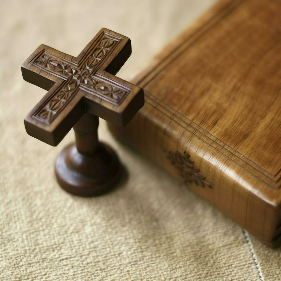 proche en haut de une saint Bible et Christian traverser sur en bois tableau. content bien Vendredi ou religion concept par ai généré photo