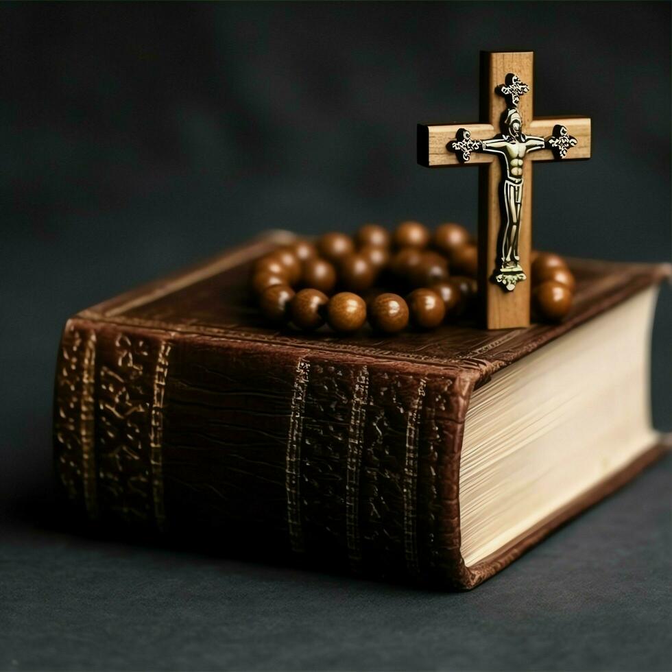 proche en haut de une saint Bible et Christian traverser sur en bois tableau. content bien Vendredi ou religion concept par ai généré photo