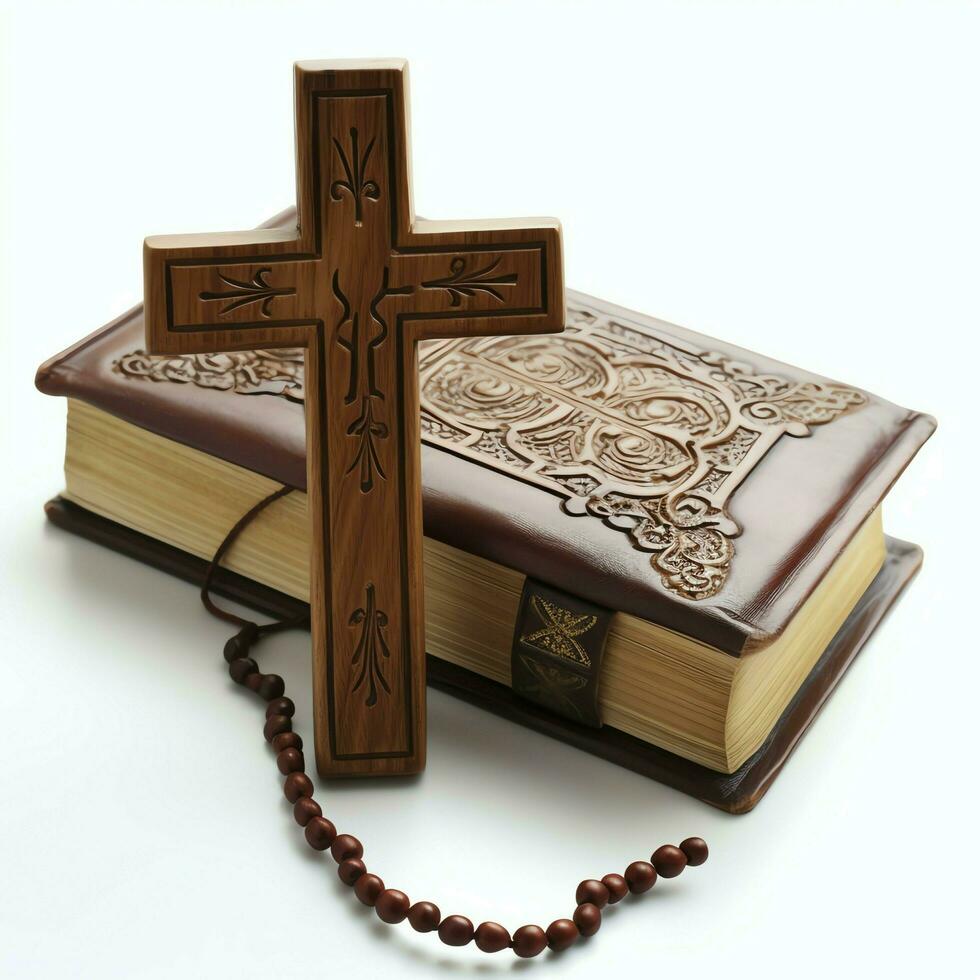 proche en haut de une saint Bible et Christian traverser sur en bois tableau. content bien Vendredi ou religion concept par ai généré photo